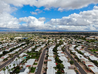 Aerial view of Scottsdale desert city in Arizona east of state capital Phoenix. Downtown's Old Town Scottsdale