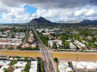 Fototapeta na wymiar Aerial view of Scottsdale city with small river, desert city in Arizona east of state capital Phoenix. Downtown's Old Town Scottsdale