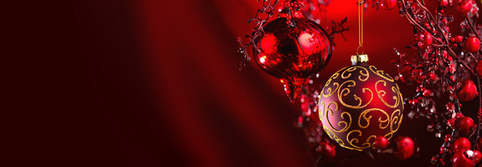 Christmas and New Year Red Decoration. Abstract Blurred Bokeh Holiday Background with beautiful...