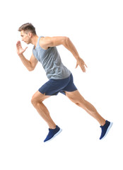 Fototapeta na wymiar Sporty running young man on white background
