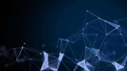 Technology network and communication with line and dot moving with transfer information data line and dot on blue background.