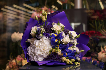 Beautiful Bouquet. Spring flowers in the cold dark room of the flower shop