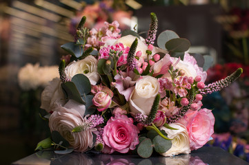 Beautiful Bouquet. Spring flowers in the cold dark room of the flower shop