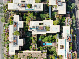 Aerial top view of modern building in Scottsdale desert city in Arizona east of state capital Phoenix. Downtown's Old Town Scottsdale