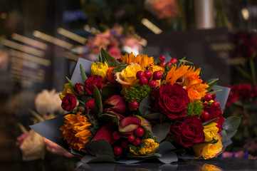 Beautiful Bouquet. Spring flowers in the cold dark room of the flower shop