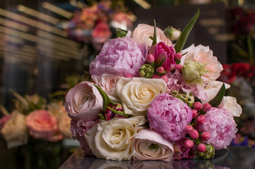 Beautiful Bouquet. Spring flowers in the cold dark room of the flower shop