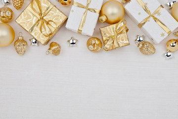 Christmas composition. Christmas gift boxes with Christmas balls on white background