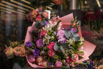 Beautiful Bouquet. Spring flowers in the cold dark room of the flower shop