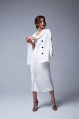 Beautiful sexy woman makeup wear fashion summer collection clothes style party office dress code...