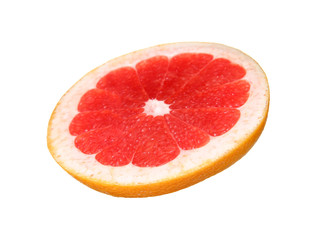 Slice of fresh grapefruit on white background