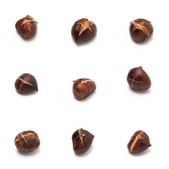 Variations of roasted Chestnuts, single, isolated on white background