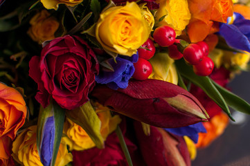 Beautiful Bouquet. Spring flowers in the cold dark room of the flower shop