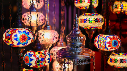 group of festive classic styled lantern lamps in souq bazaar