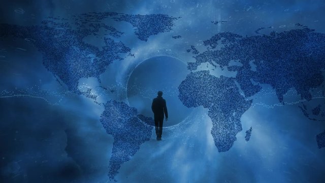 Futuristic walking in blue abstract worldwide network with world map animation. Businessman in digital cyberspace.