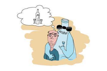 Drunk man. Unhappy sad alcoholic man and friendly bottle of alcohol. Alcohol addiction, pernicious habit concept. Stop drinking alcohol. Cartoon flat style stock vector isolated on white background.