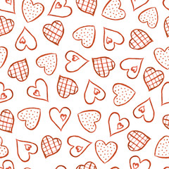 Watercolor red hearts isolated on white background, seamless pattern. Hand drawing for wedding design, wrapping paper, gifts, Valentine's day.