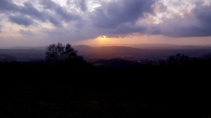 View from The Beacon with sunset, Malvern Hills, Worcestershire UK