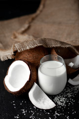 fresh coconut milk in a glass against a dark background, coconut cosmetic cream, milkshake with coconut slices