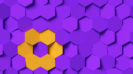 Purple and yellow hexagon background; abstract 3d honeycomb pattern composition 3d rendering, 3d illustration