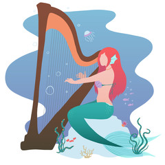 Mermaid is sitting on a stone and plays the harp