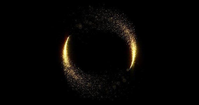 Gold glitter circle trails, glittering light shine sparkles ring on black background. Christmas and New Year holiday magic glow confetti and firework glittering sparks frame
