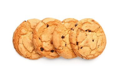 Tasty cookies with chocolate chips on white background
