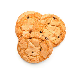 Tasty cookies with chocolate chips on white background
