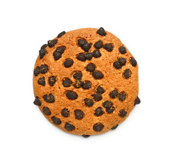 Tasty cookie with chocolate chips on white background