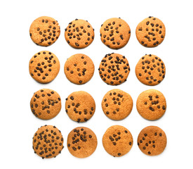 Tasty cookies with chocolate chips on white background