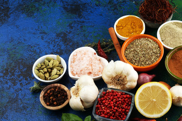 Spices and herbs on table. Food and cuisine ingredients for good cooking