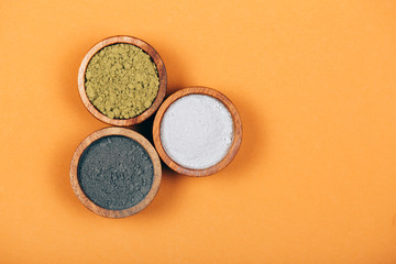 Home skin care. Several types of clay. Modern apothecary. Flat lay style.