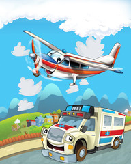 Obraz na płótnie Canvas cartoon scene in the city with happy ambulance driving through the city and plane is flying - illustration for children