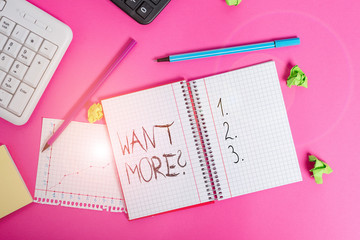 Conceptual hand writing showing Want Morequestion. Concept meaning If you want something you feel a desire or a need for it Writing equipments and computer stuff placed on wooden table