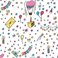 Hand drawn party doodle happy birthday party background. With air balloons, candles, stars, and bunting flags garlands. - Vector