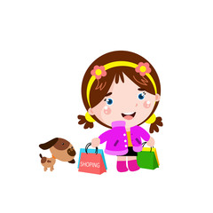 Little Girl Shopping with Dog cartoon Vector Template Design Illustration