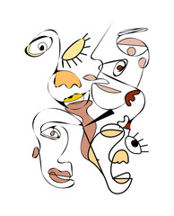 Set of five abstract face one line drawing. Portrait minimalistic style. Fine one line drawing abstract face. One line drawing abstract faces. Modern continuous line art