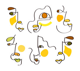 Fine one line drawing abstract two faces. Minimalism art, aesthetic contour. Continuous line couple tribal portrait. Modern vector illustration in the ethnic style