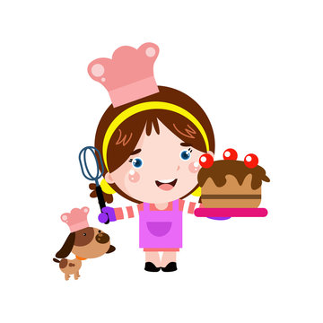 Little girl with dog cooking birthday cake cartoon Vector Template Design Illustration