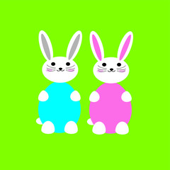 Kawaii style cute Easter bunnies in modern flat design isolated on green background