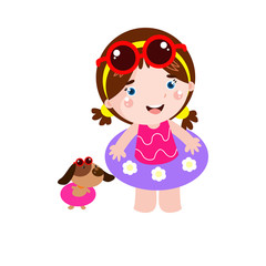 Little Girl Playing with Dog Cartoon Vector Template Design Illustration