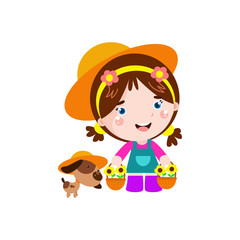 Little Girl Playing with Dog Cartoon Vector Template Design Illustration