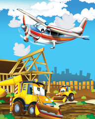 Fototapeta na wymiar cartoon scene with digger excavator on construction site and flying plane - illustration for the children