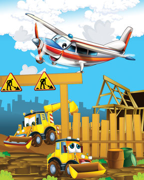 cartoon scene with digger excavator on construction site and flying plane - illustration for the children
