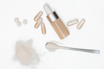 Different types of collagen. Powder, capsules, tablets and fluid.