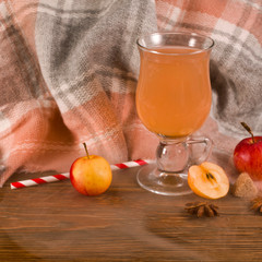 Hot apple cider in the glass mug with a straw, anise star, apple fruits and vapor on a tartan plaid background.