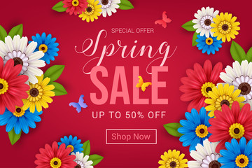 spring sale banner on red background vector illustration