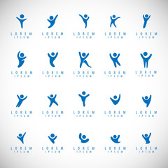 Abstract People Logo Set. Human Figure Isolated On Gray Background. Icons Collection For Human Success, Celebration Logo, Achievement Symbol And Activity. Different Happy People. Figure Logo, Vector
