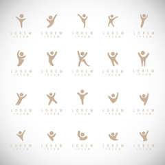 Abstract People Logo Set. Human Figure Isolated On Gray Background. Icons Collection For Human Success, Celebration Logo, Achievement Symbol And Activity. Different Happy People. Figure Logo, Vector