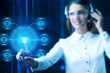 Cyber Security Data Protection Business Technology Privacy concept. Businessman presses a button Online privacy  on the virtual screen tablet future.