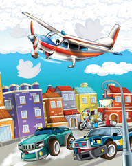 Obraz na płótnie Canvas cartoon scene with police car driving through the city and emergency plane flying - illustration for children